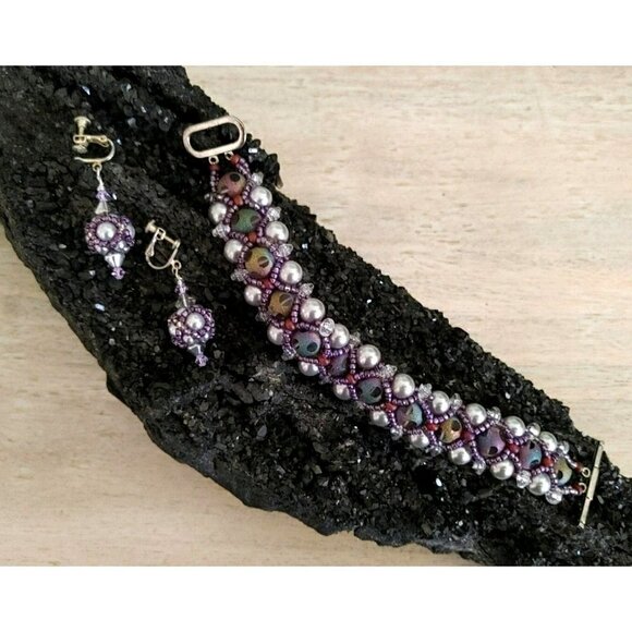 Set of Multi Color Glass Beads Faux Gray Pearl Bracelet Clip On Dangle Earrings - Picture 1 of 5